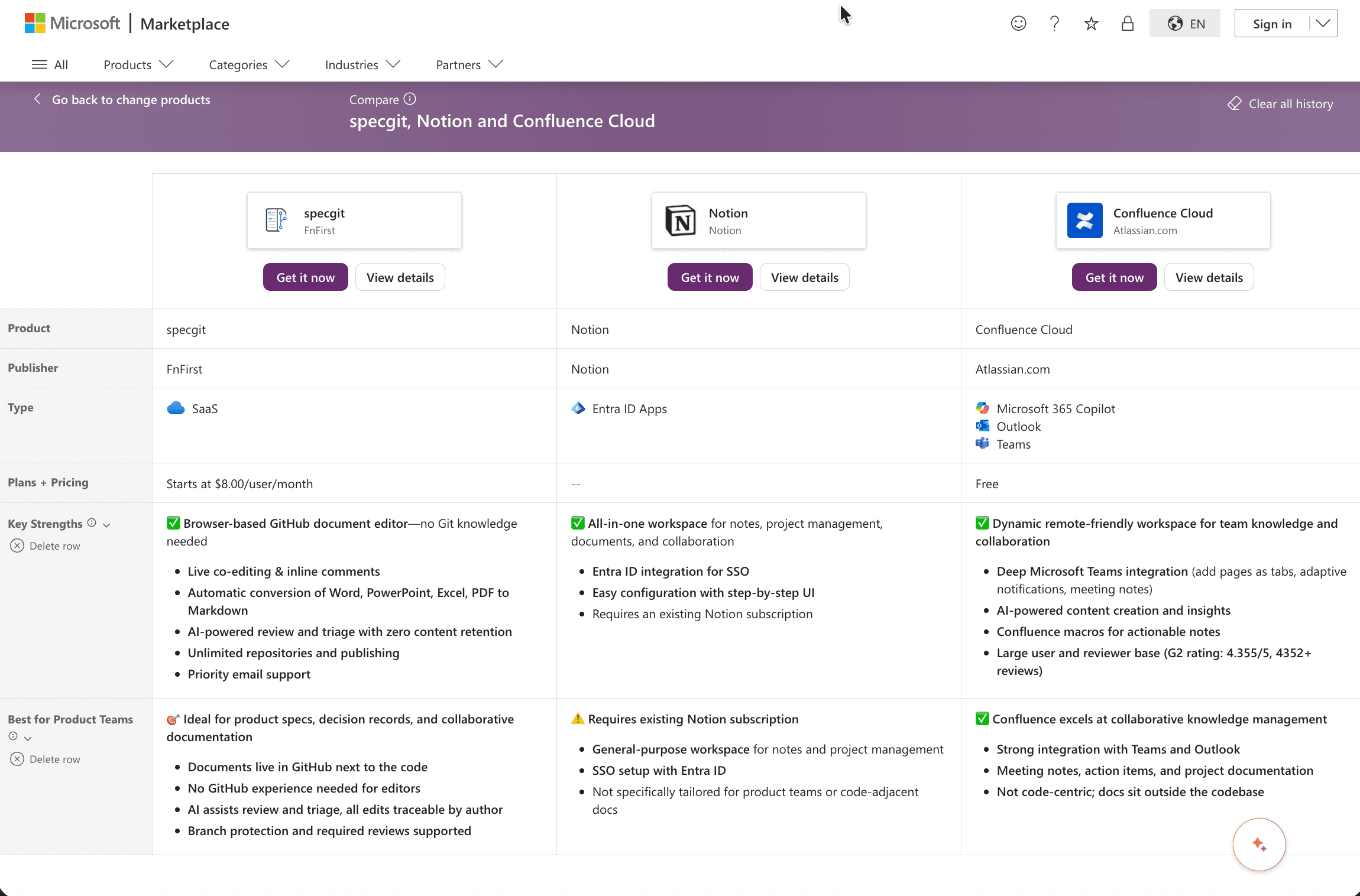 Microsoft Marketplace compare of specgit, Notion, and Confluence Cloud with Key Strengths and Best for Product Teams rows expanded.
