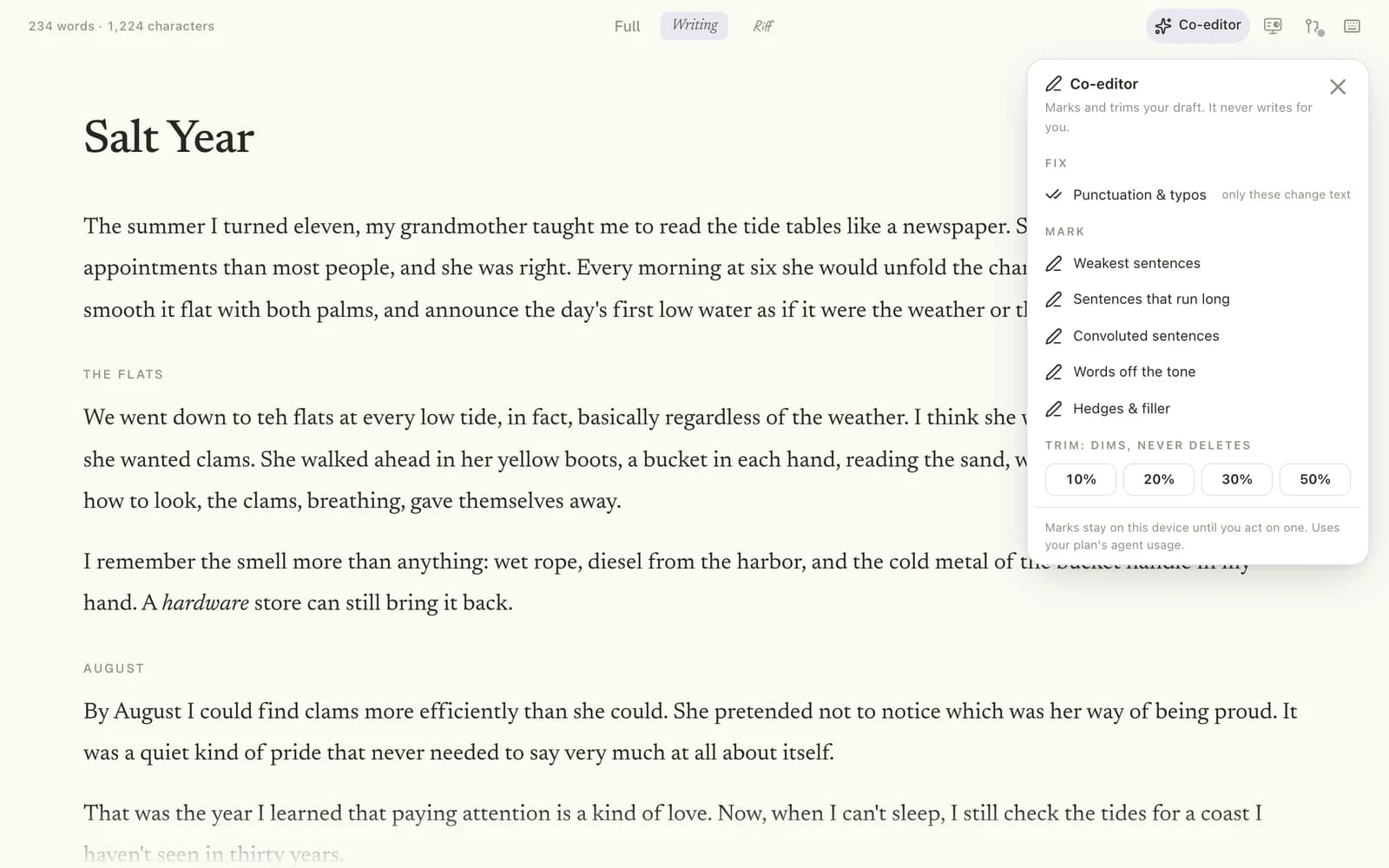 The Co-editor panel open beside the Salt Year essay. It reads "Marks and trims your draft. It never writes for you." Under Fix is Punctuation & typos; under Mark are Weakest sentences, Sentences that run long, Convoluted sentences, Words off the tone, and Hedges & filler; under Trim are buttons for 10%, 20%, 30%, and 50%.