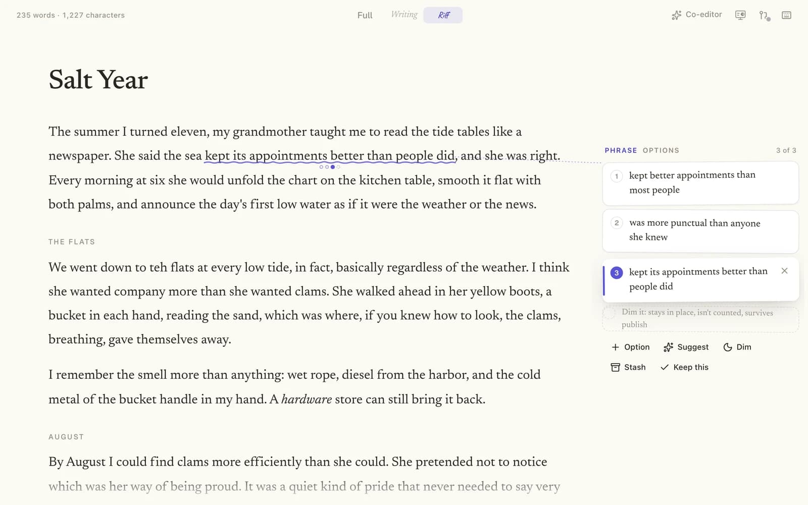 A Phrase options card to the right of the Salt Year essay, listing three numbered wordings of one phrase. The third, "kept its appointments better than people did," is highlighted and sits in the sentence with a wavy underline. Under the list are the buttons Option, Suggest, Dim, Stash, and Keep this.