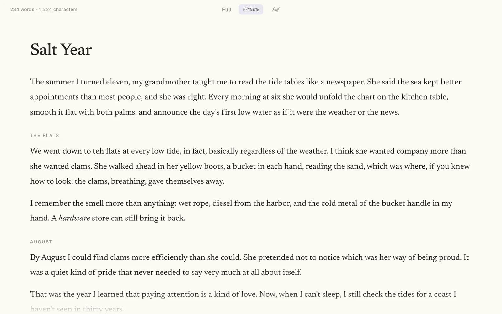 The Salt Year essay in Writing mode: a large serif title and paragraphs under small section headings on a warm page, a word count in the top left corner, and the Full, Writing, and Riff switch at the top center with Writing selected. There is no toolbar or side panel.