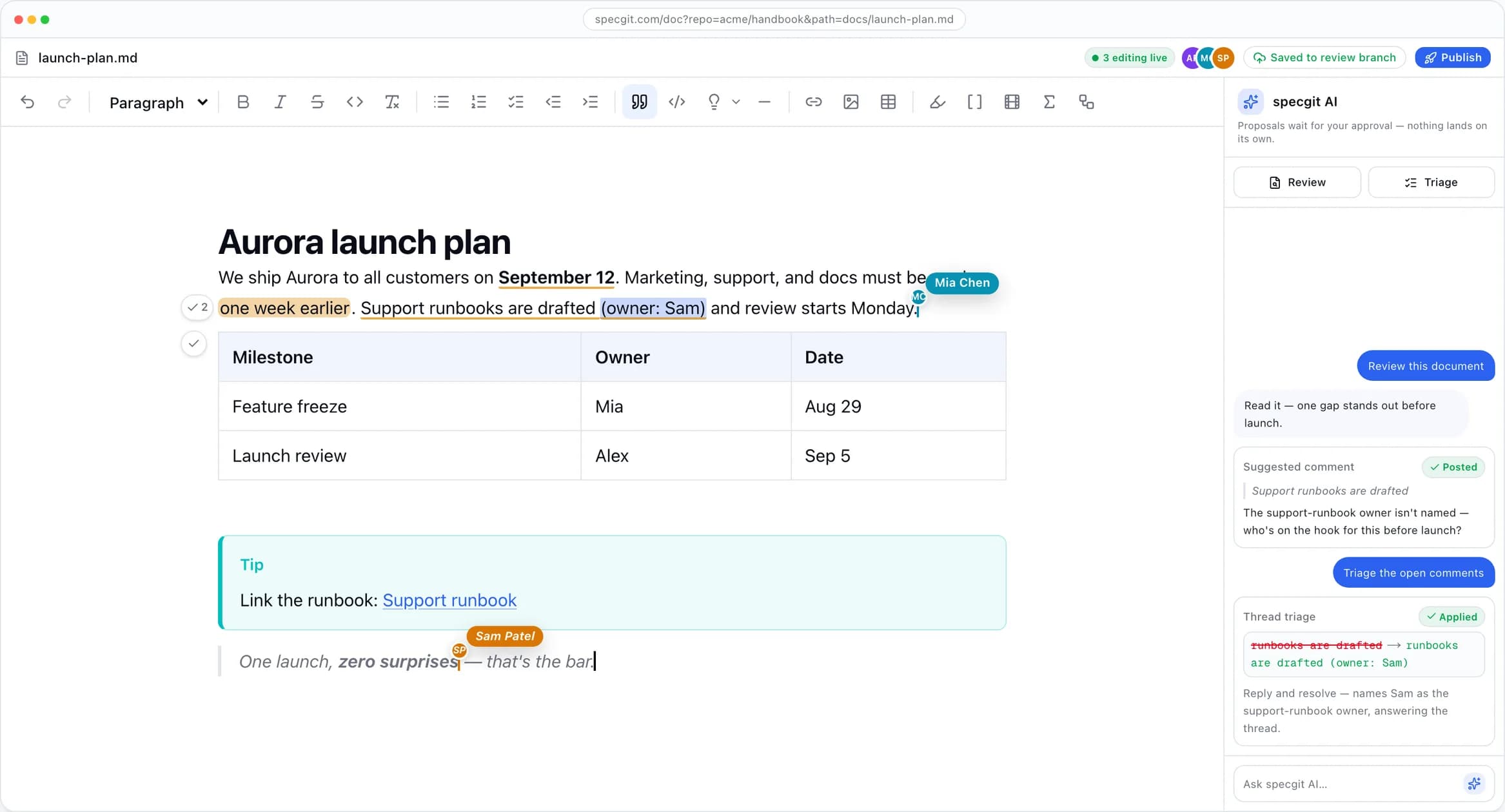 specgit editor showing a document with comments, live editing status, and review controls