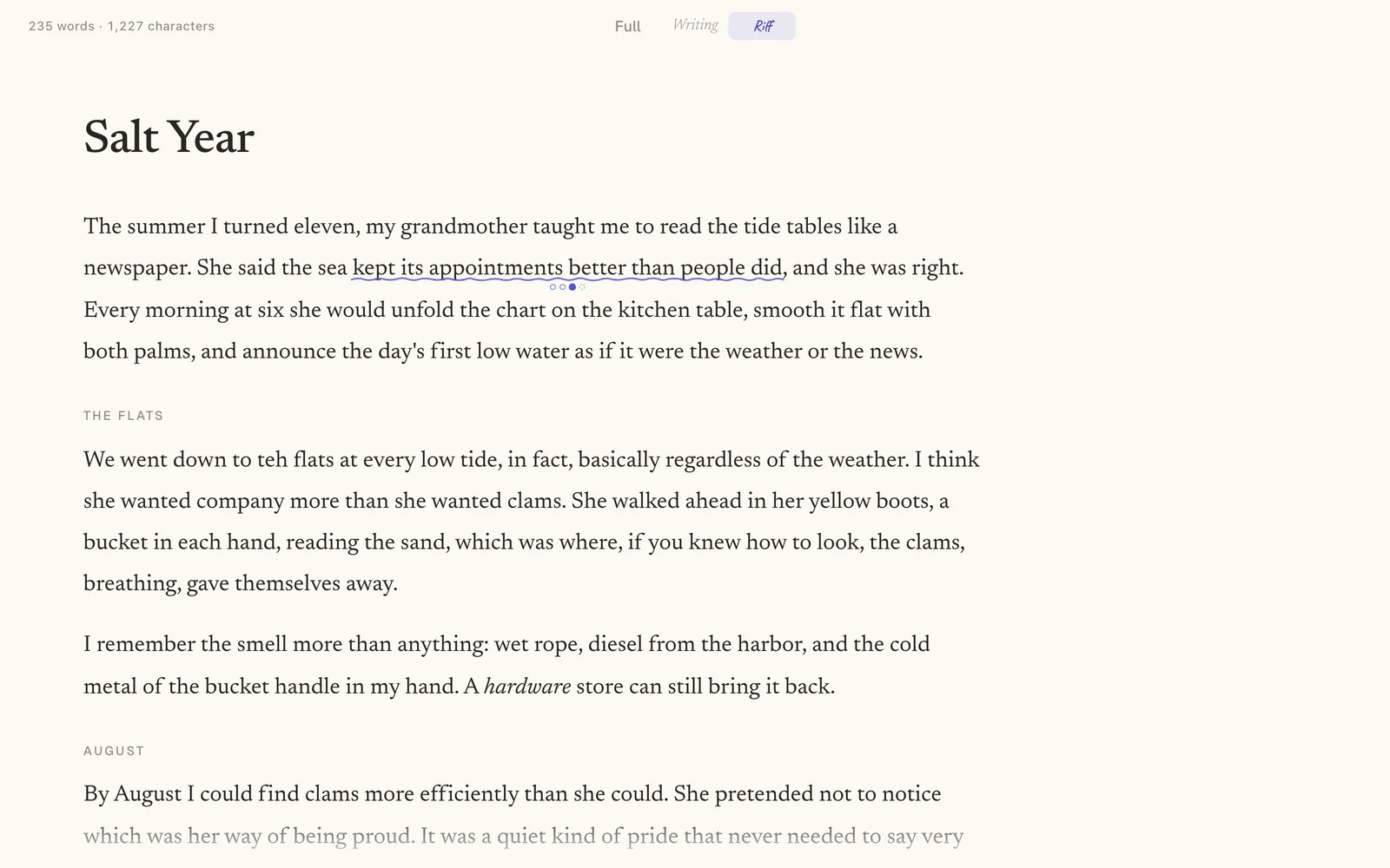 An essay titled Salt Year open in Riff, on a warm page with no toolbar. One phrase, "kept its appointments better than people did," has a wavy underline with three dots under it, one for each option.